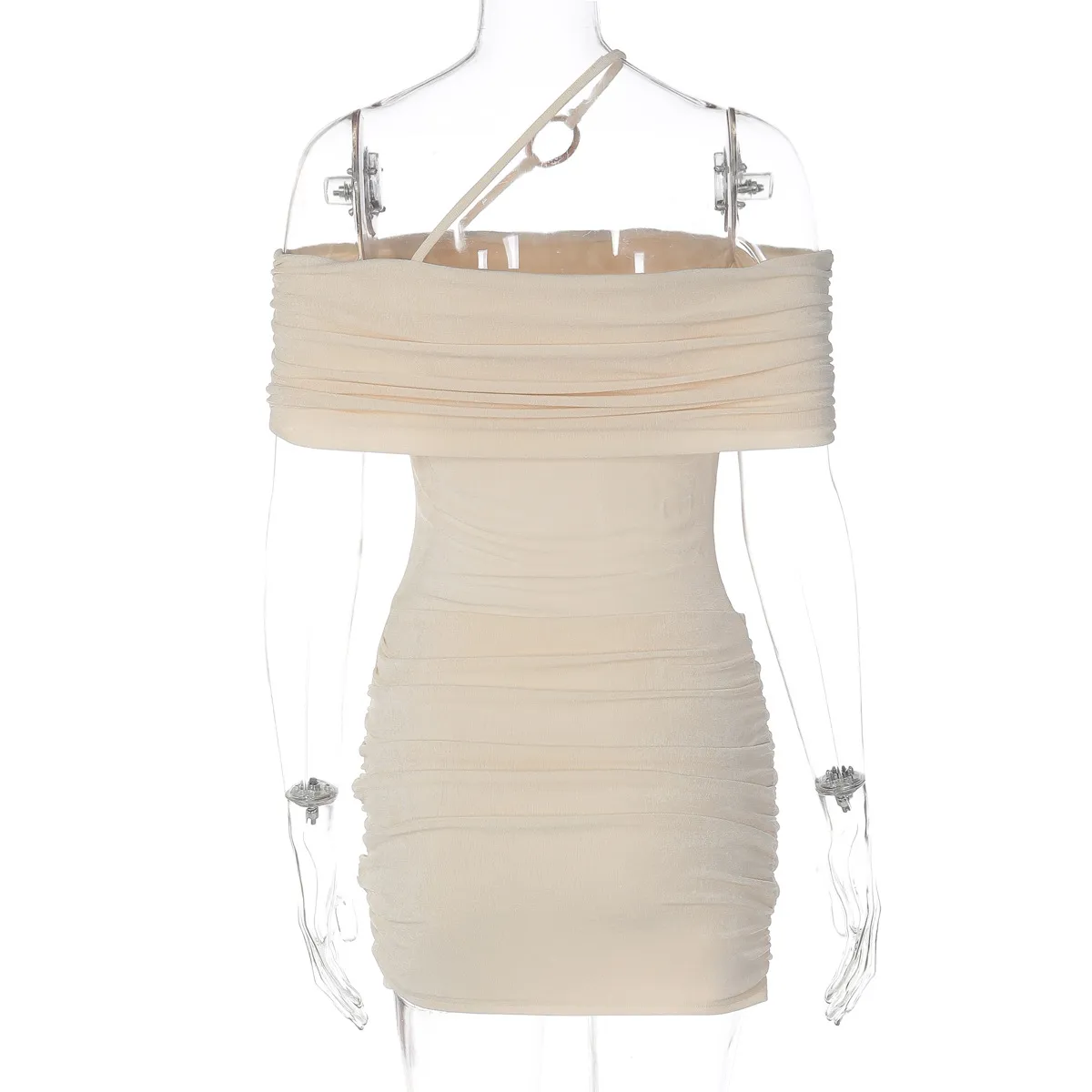 Elegant Solid Color Off Shoulder Sleeveless Bodycon Dress in Elastane Fabric Above Knee Length