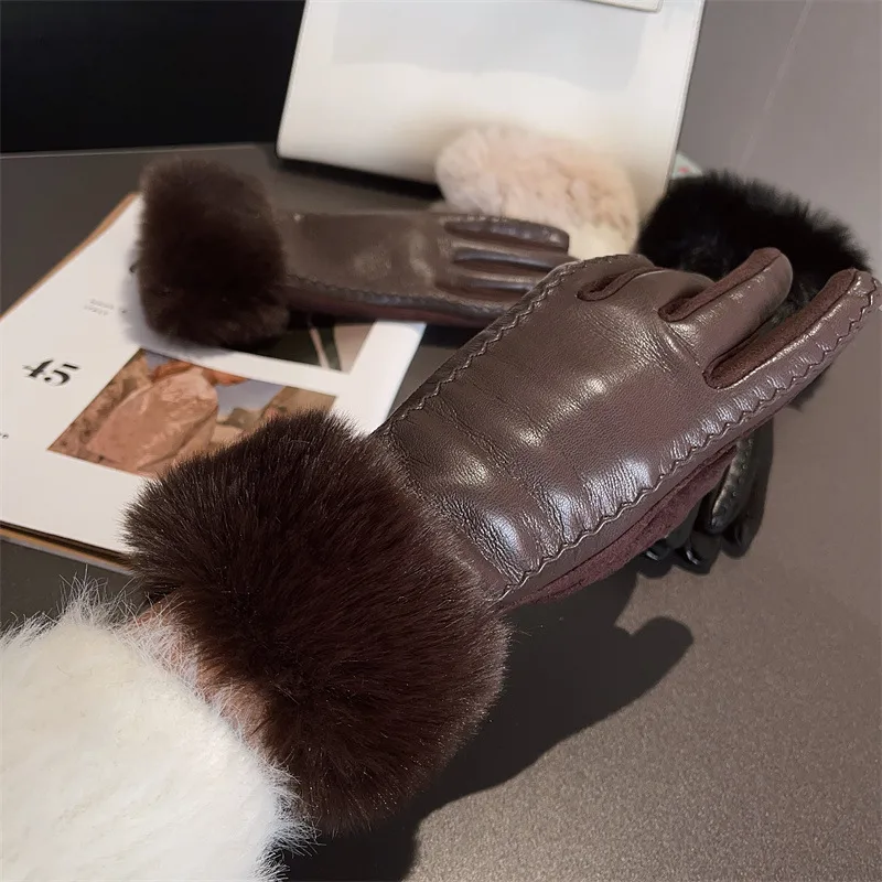 Luxury Suede Winter Gloves with Fox Fur and Fleece Lining for Unisex Cold Weather Cycling