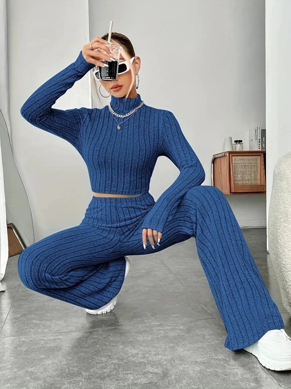 Women’s Stripe Pant Co-ord Set in Polyester with Turtleneck, Streetwear Style for Daily Wear, 2 Pieces Set