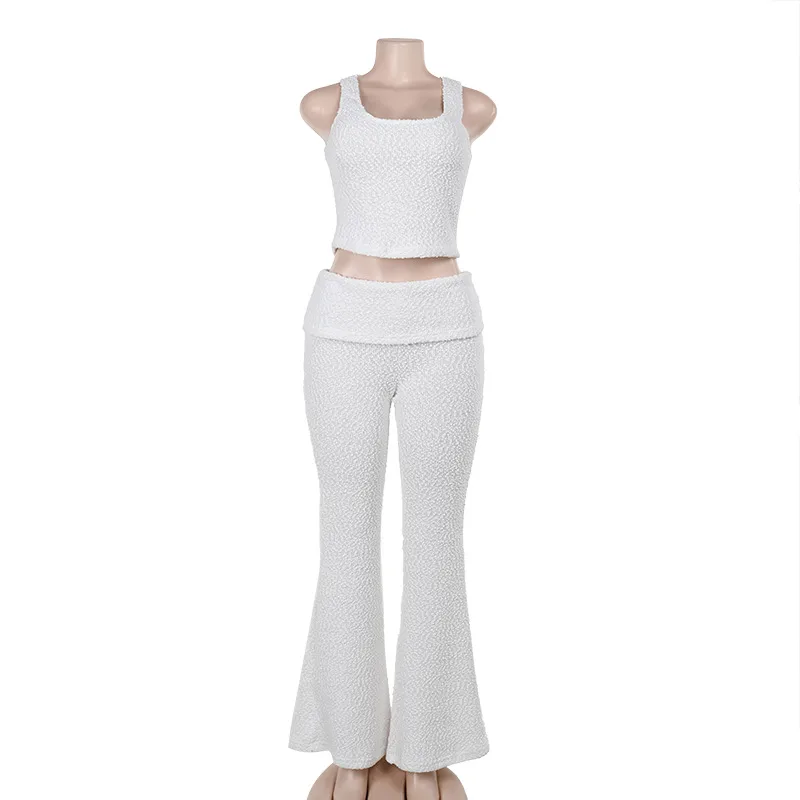 Women’s Solid Color Pant Co-ord Set in Elastane with U Neck, Perfect for Holiday Vacation, 2 Pieces Set