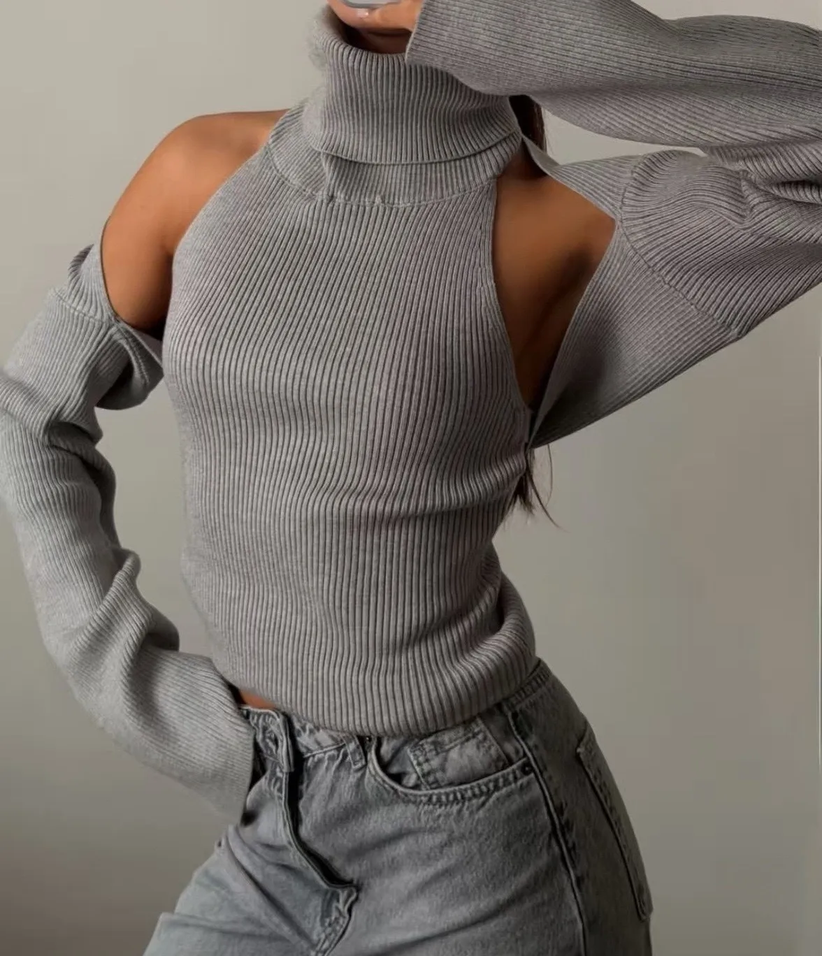 Long Sleeve Acrylic Sweater with Turtleneck, Knitted Craft, Regular Sleeve, 2 Pieces Set