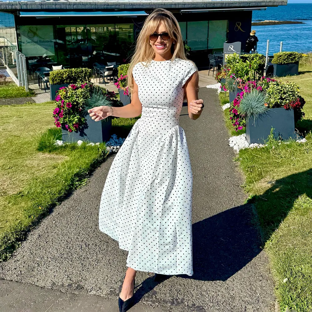 Classic Style Polka Dot Dress in Elastane Fabric Featuring Draped Design Maxi Long Dress