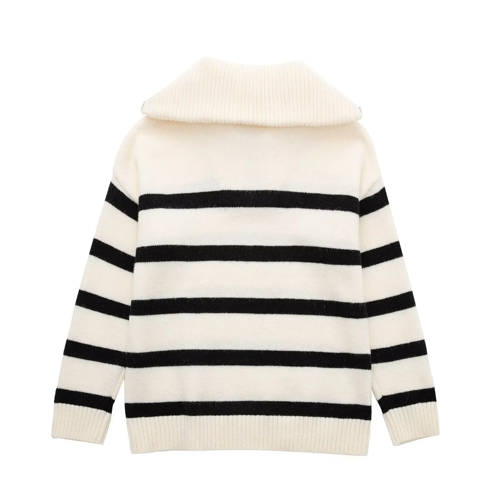 Striped Plaid Long Sleeve Acrylic Pullover Sweater with Zipper