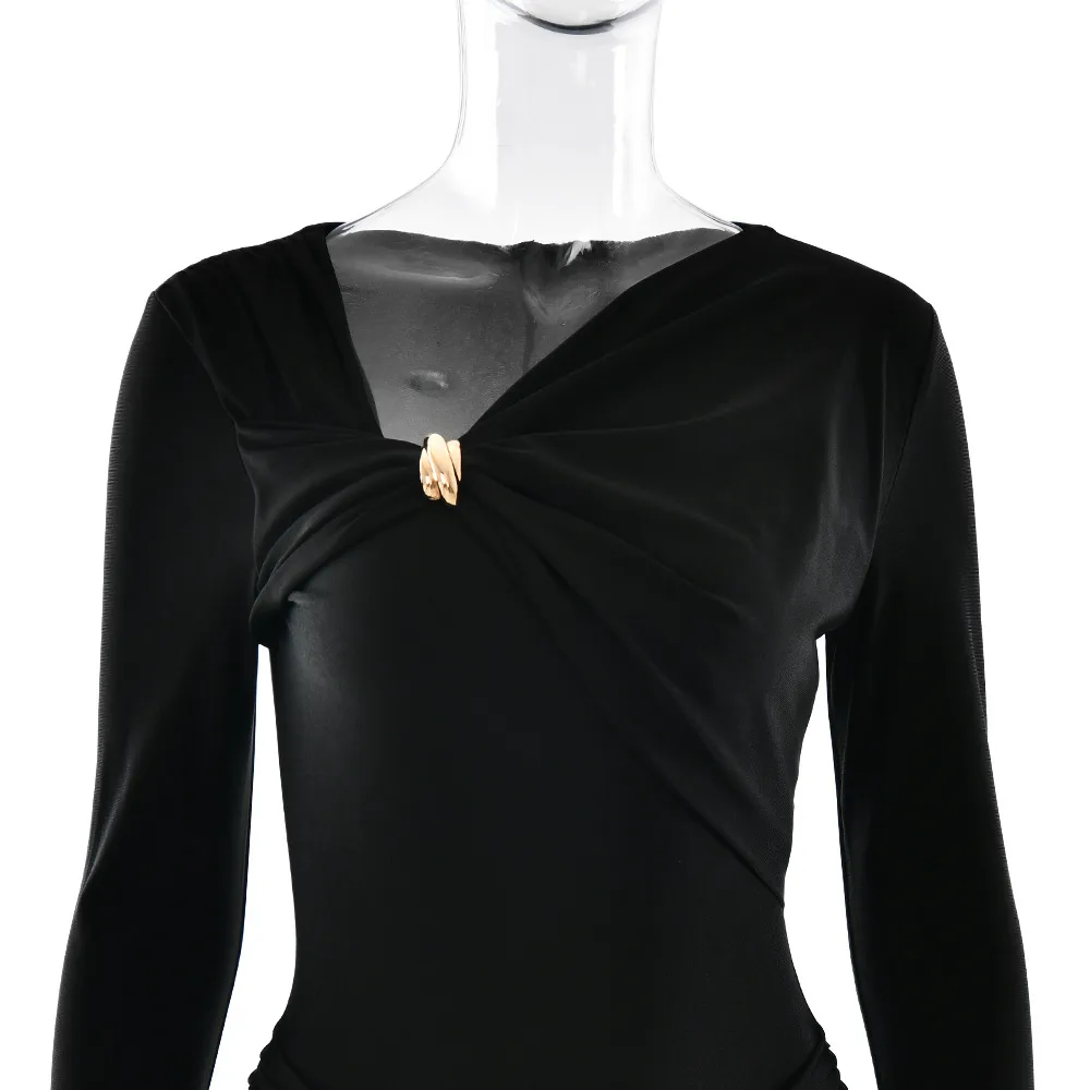 Solid Color Long Sleeve V Neck Party Dress in Polyester, Casual Streetwear Style