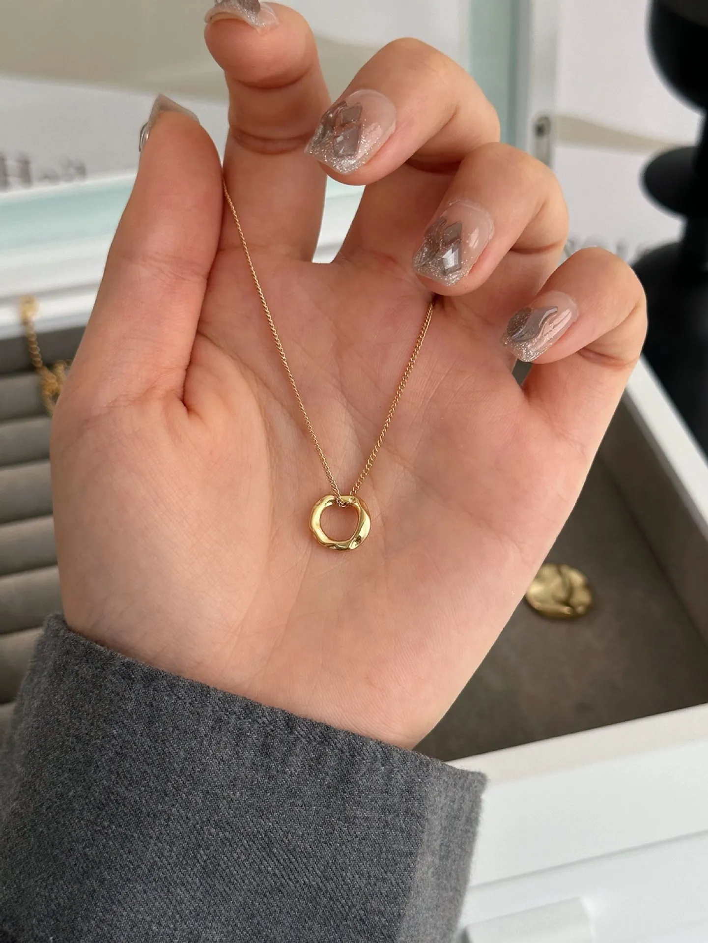 Gold Geometric Circle Necklace for Women Simple Style Copper Pendant Sweater Chain
