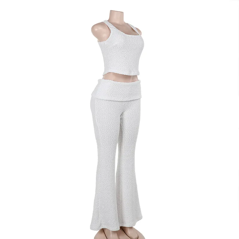 Women’s Solid Color Pant Co-ord Set in Elastane with U Neck, Perfect for Holiday Vacation, 2 Pieces Set