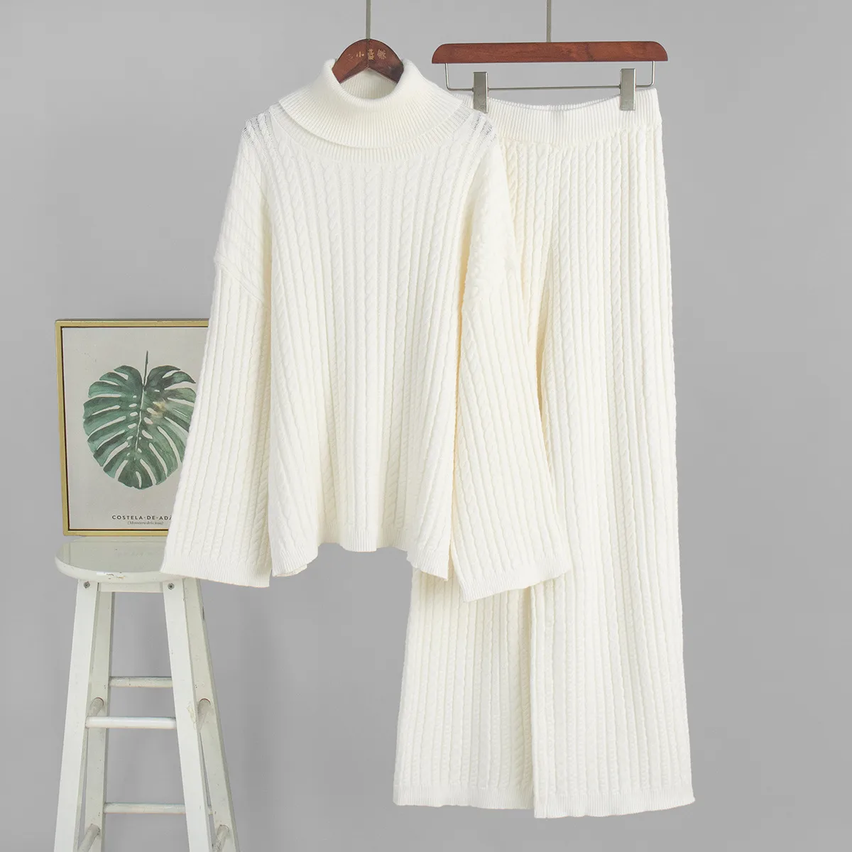 Casual Pant Co-ord Set in Viscose Fiber Featuring Knitted Craft with Long Regular Sleeves, 2 Pieces Pullover Set