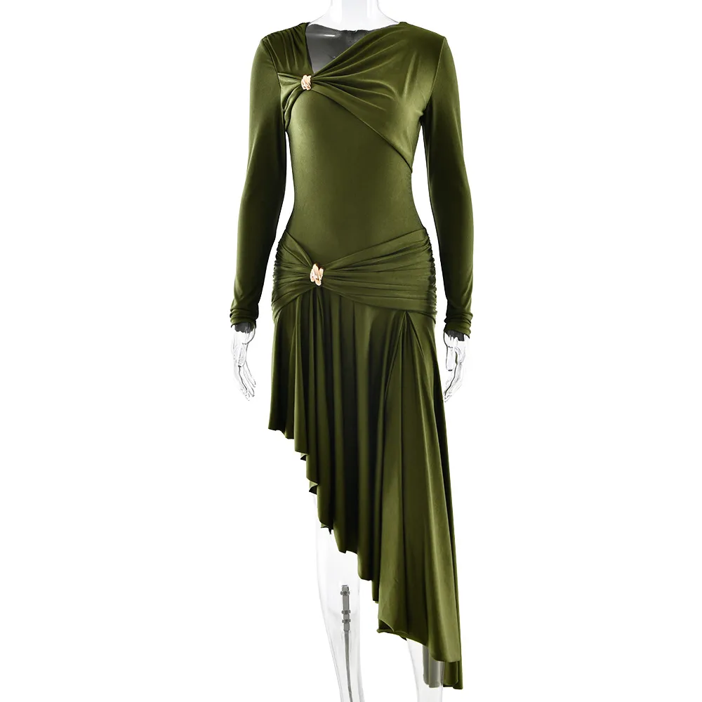 Solid Color Long Sleeve V Neck Party Dress in Polyester, Casual Streetwear Style