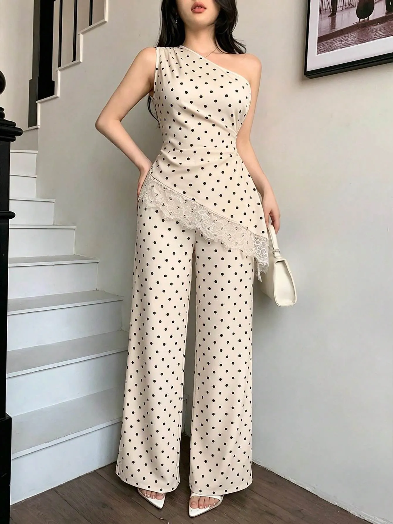 Elegant Polka Dots Pant Co-ord Set with Wide Leg Pants in Polyester featuring Lace Craftsmanship for Casual Wear
