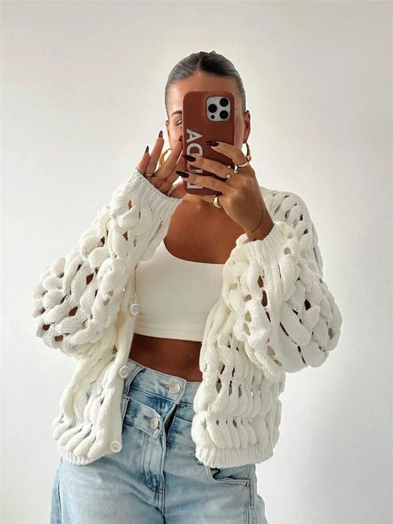 Solid Color Casual Acrylic Sweater with Long Sleeve, V Neck and Single Breasted Design
