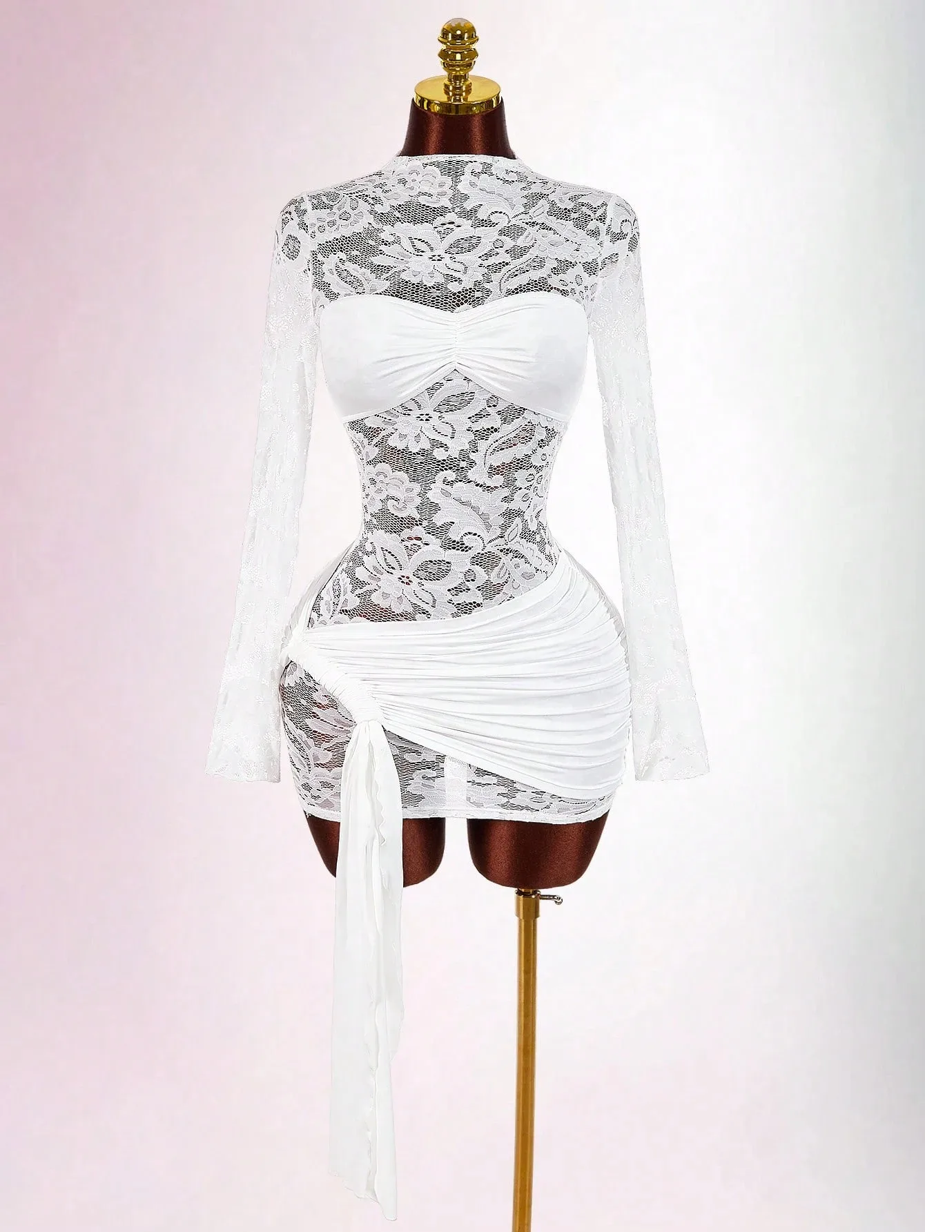 Solid Color Sexy Lace Dress with Long Sleeve and Round Neck, Casual White Dress