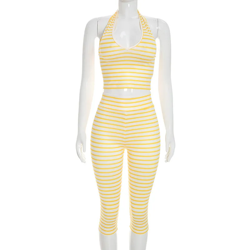 Stripe Vest and Pant Co-ord Set in Milk Fiber featuring Sexy Style with Printing, Skinny Fit and Calf-Length Pants