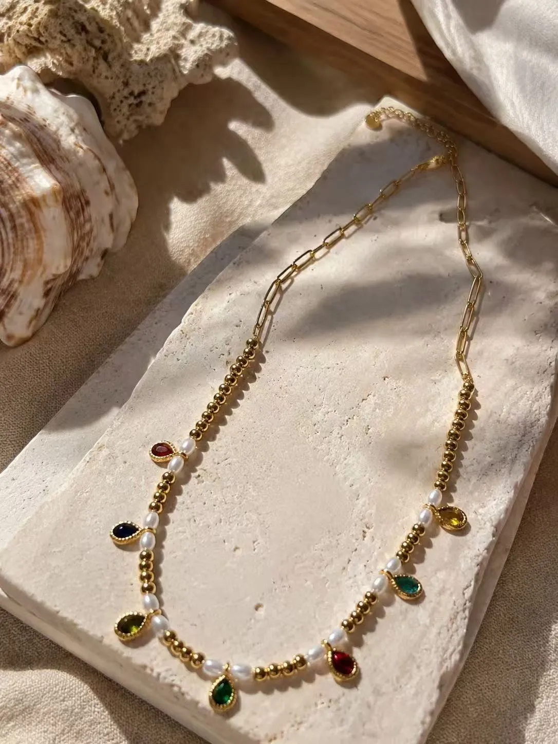 Water Droplets Multi Charms Necklace, Waterproof 304 Stainless Steel, 18K Gold Plated with Zircon on Beaded Chain