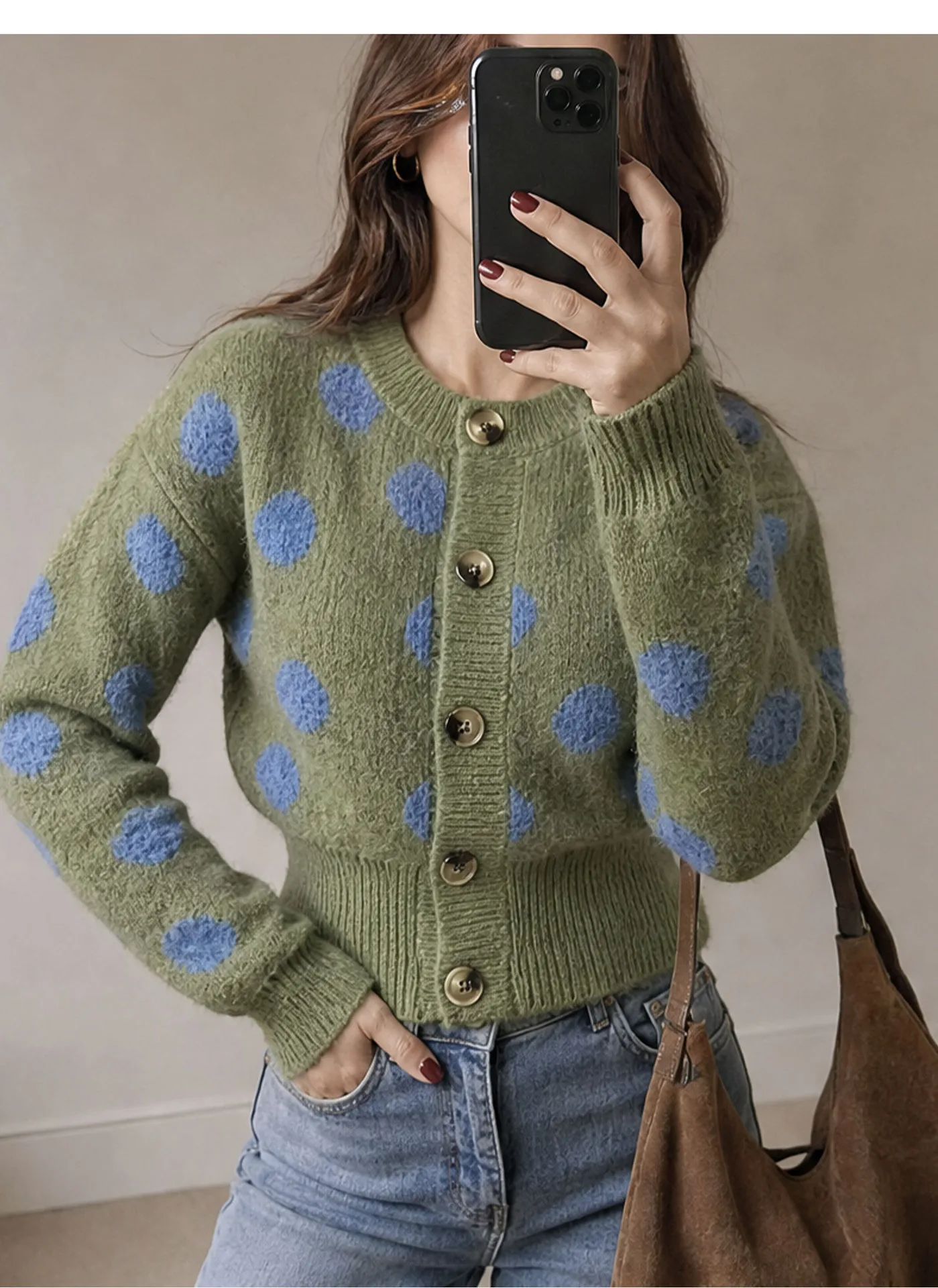Vintage Style Polka Dots Sweater with Long Sleeve, Round Neck, Knitted in Imitation Mink Fleece