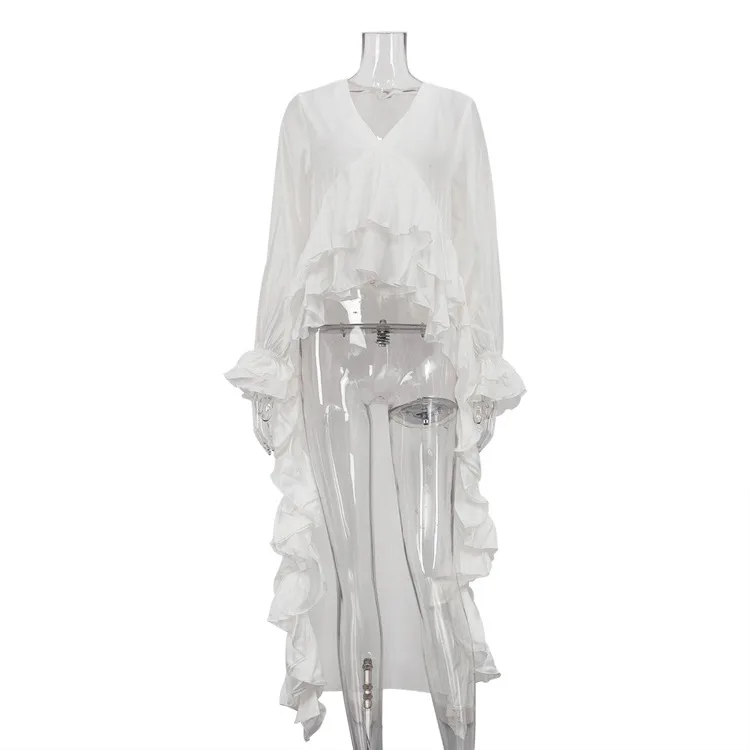 Solid Color Long Sleeve Vacation Shirt for Women in Polyester Fabric Featuring Ruffles and Pullover Design