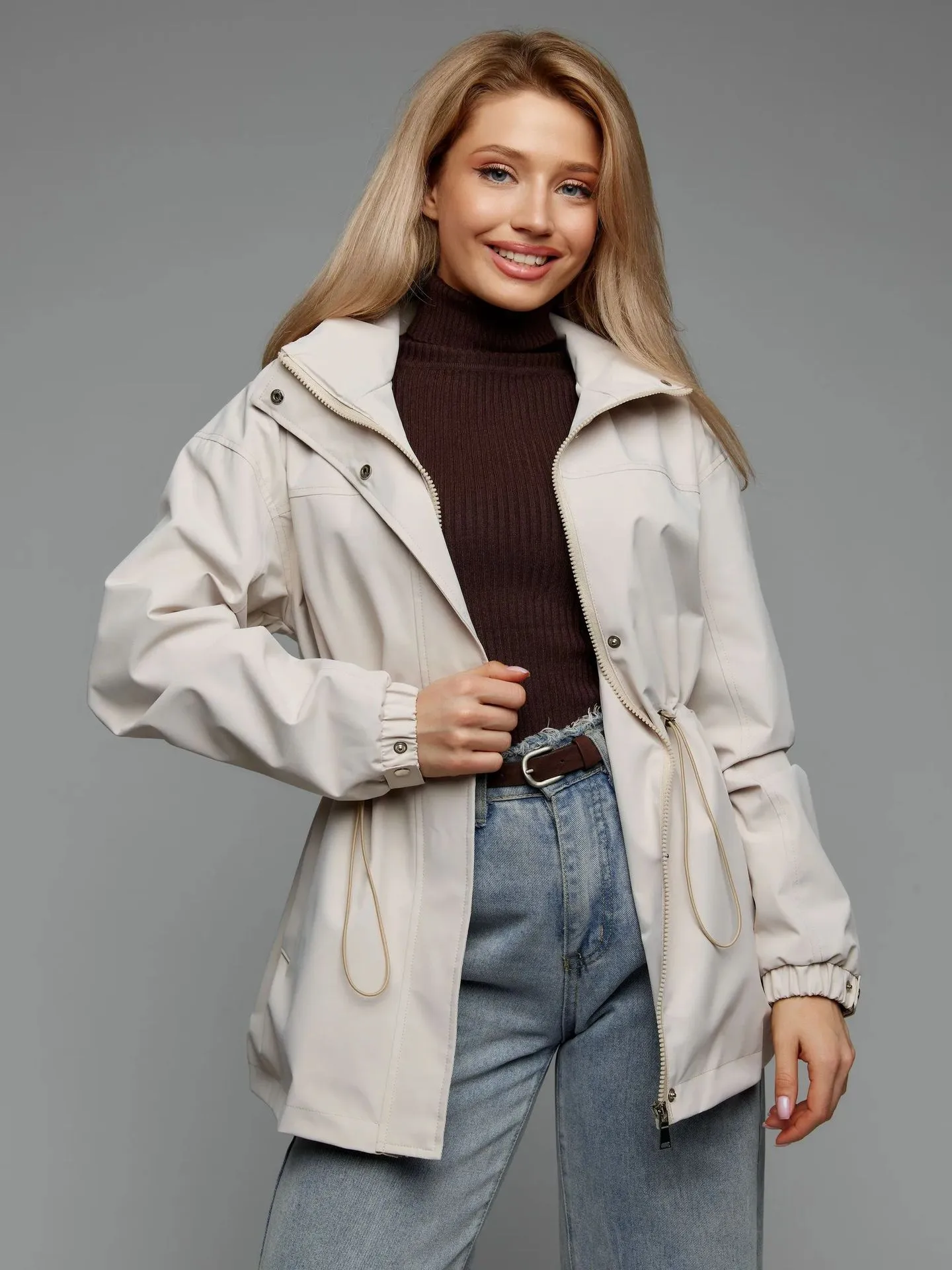 Casual Solid Color Outdoor Jacket for Women with Zipper Placket, Standing Collar, Polyester Fabric, and Drawstring Detail