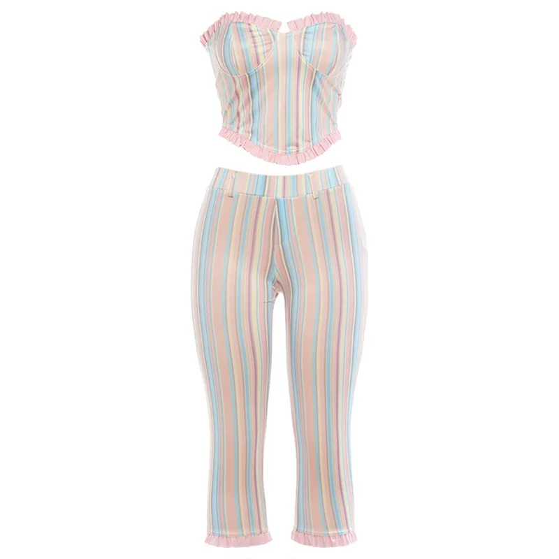 Sexy Color Block Pant Co-ord Set in Milk Fiber Fabric Featuring Printing with Sleeveless Design and Tube Bra Neckline