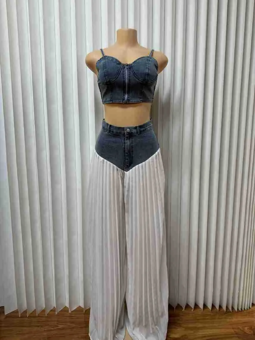 Women's Sleeveless Pleated Contrast Collar Leisure Suit