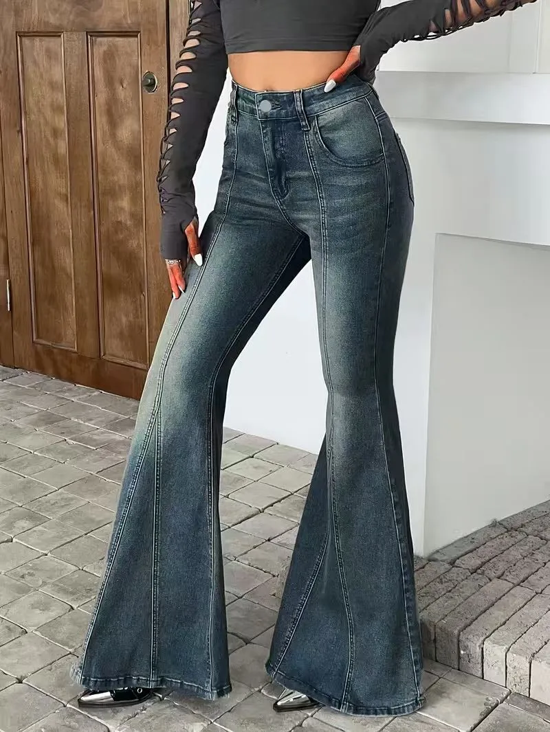Streetwear Full Length Flared Pants for Women in Cotton with High Elasticity and Pocket Design