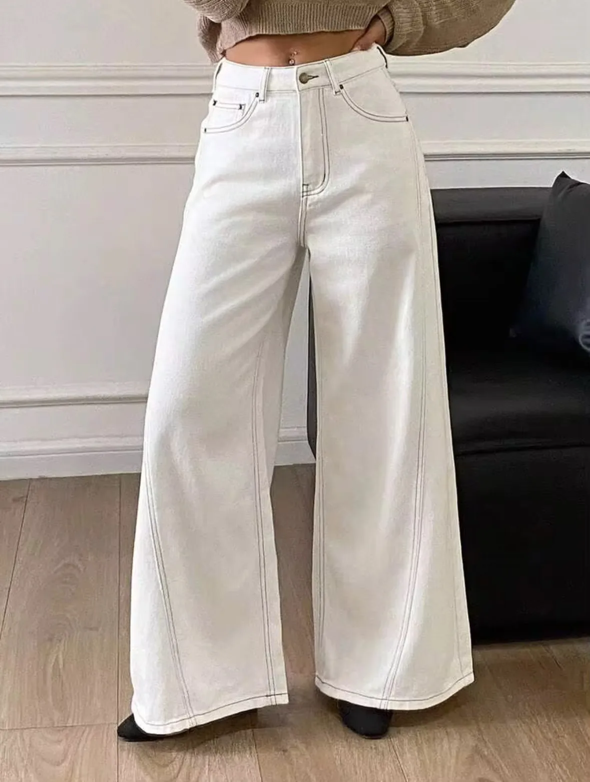 Casual Full Length Wide Leg Denim Cotton Pocket Pants for Women in Spring, Inelastic Design