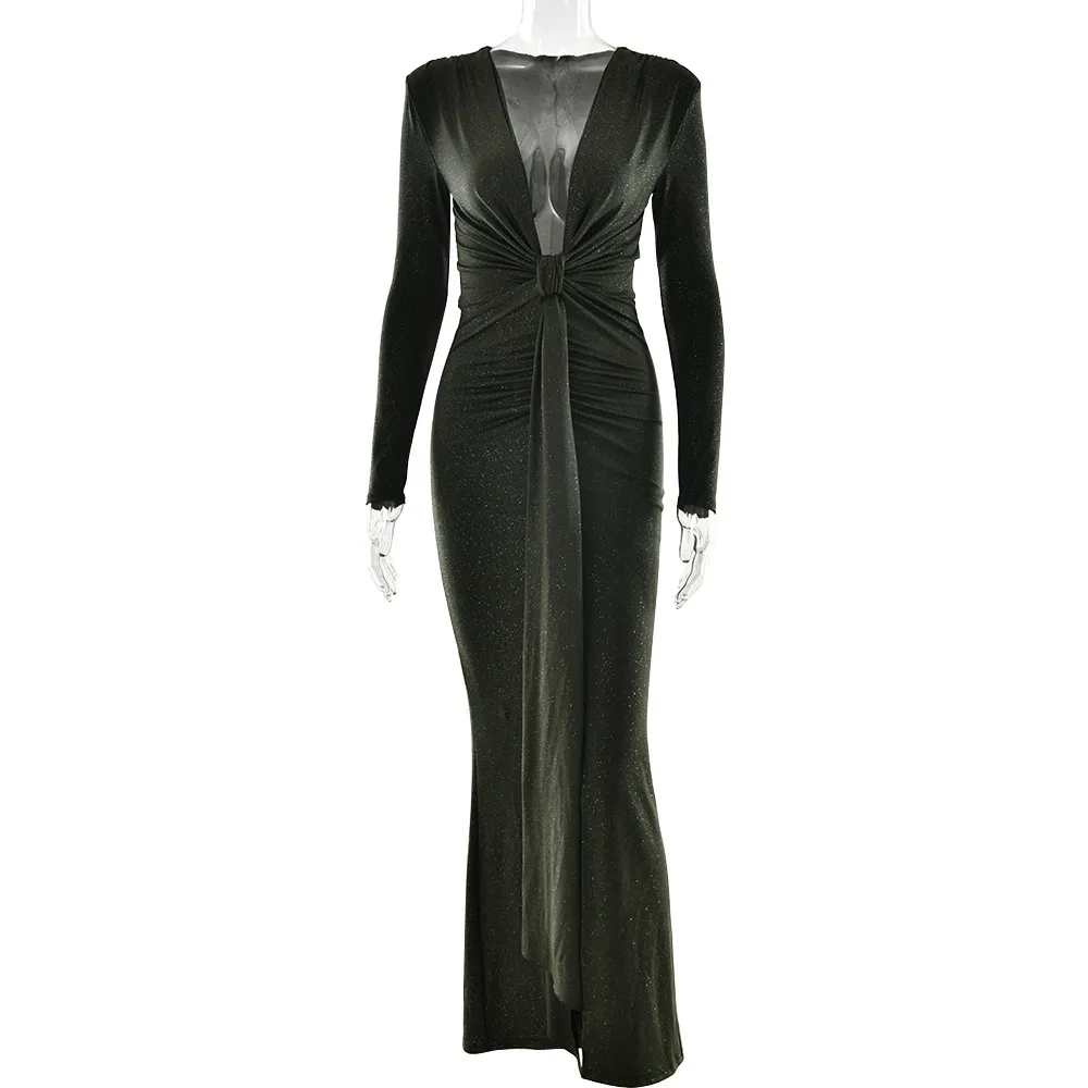 Solid Color Bodycon Dress with Deep V Neckline and Long Sleeves in Polyester Maxi Long Dress for Streetwear