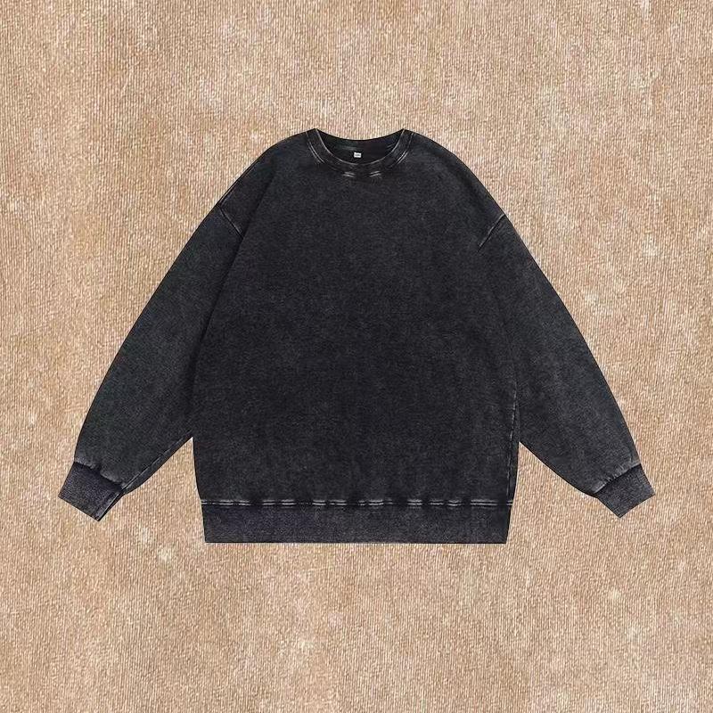 Men's Vintage Style Dyed Black Solid Color Hoodie with Long Sleeve Cotton Fabric