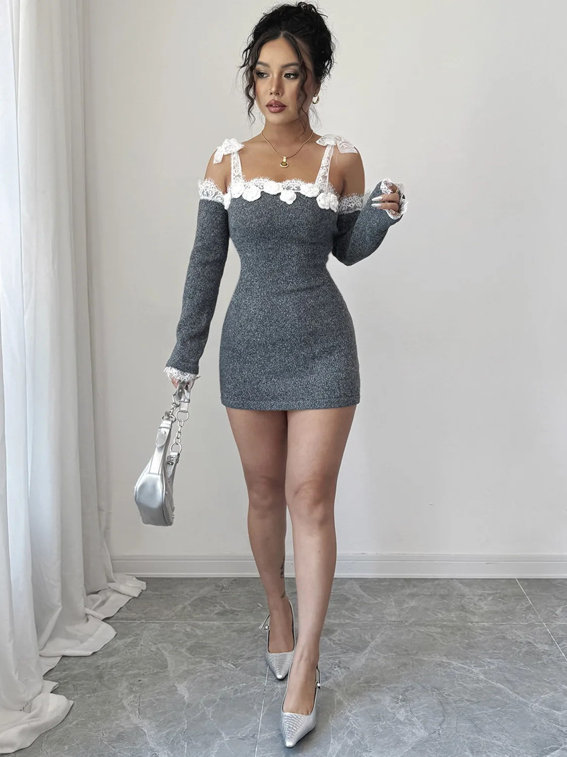 Solid Color Lace Dress with Long Sleeve and Off Shoulder Neckline, Streetwear Style for Street Occasion