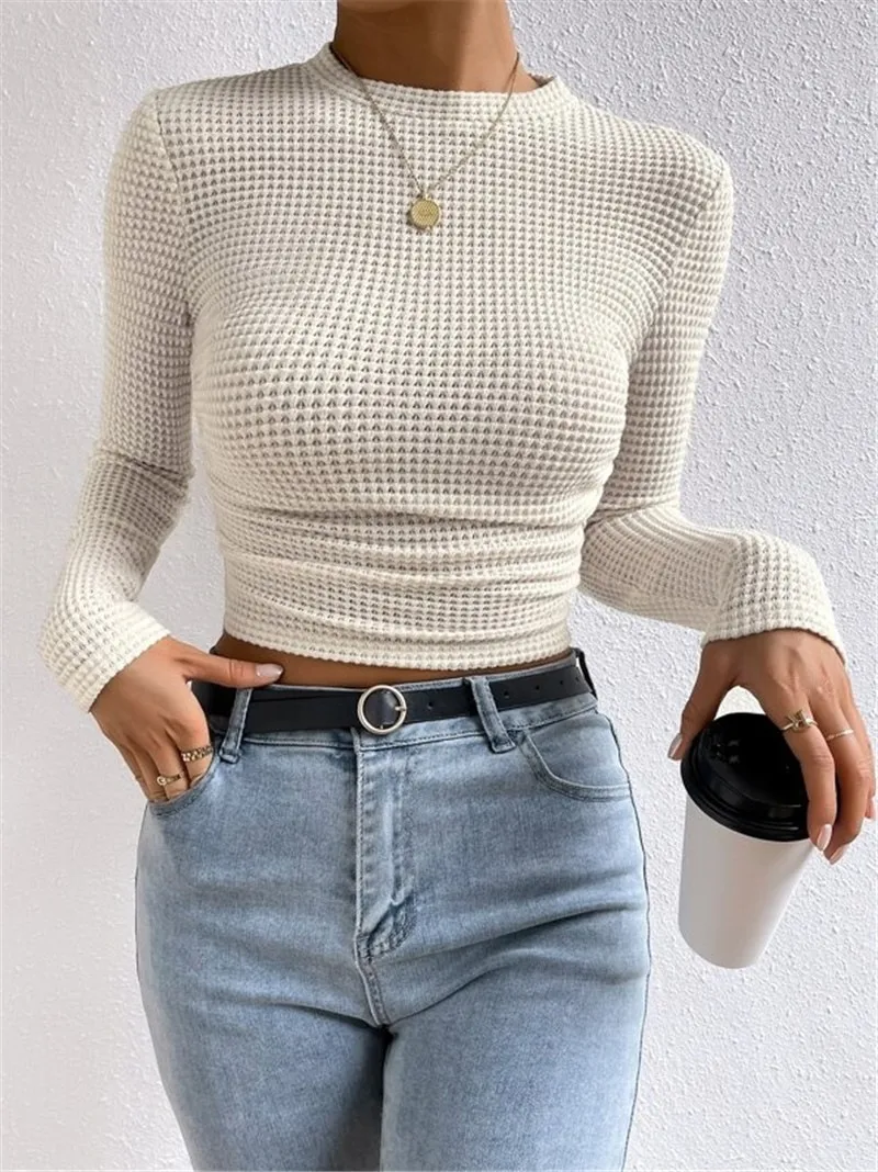 Plaid Long Sleeve Streetwear Pullover T-shirt for Women in Polyester with Round Neck
