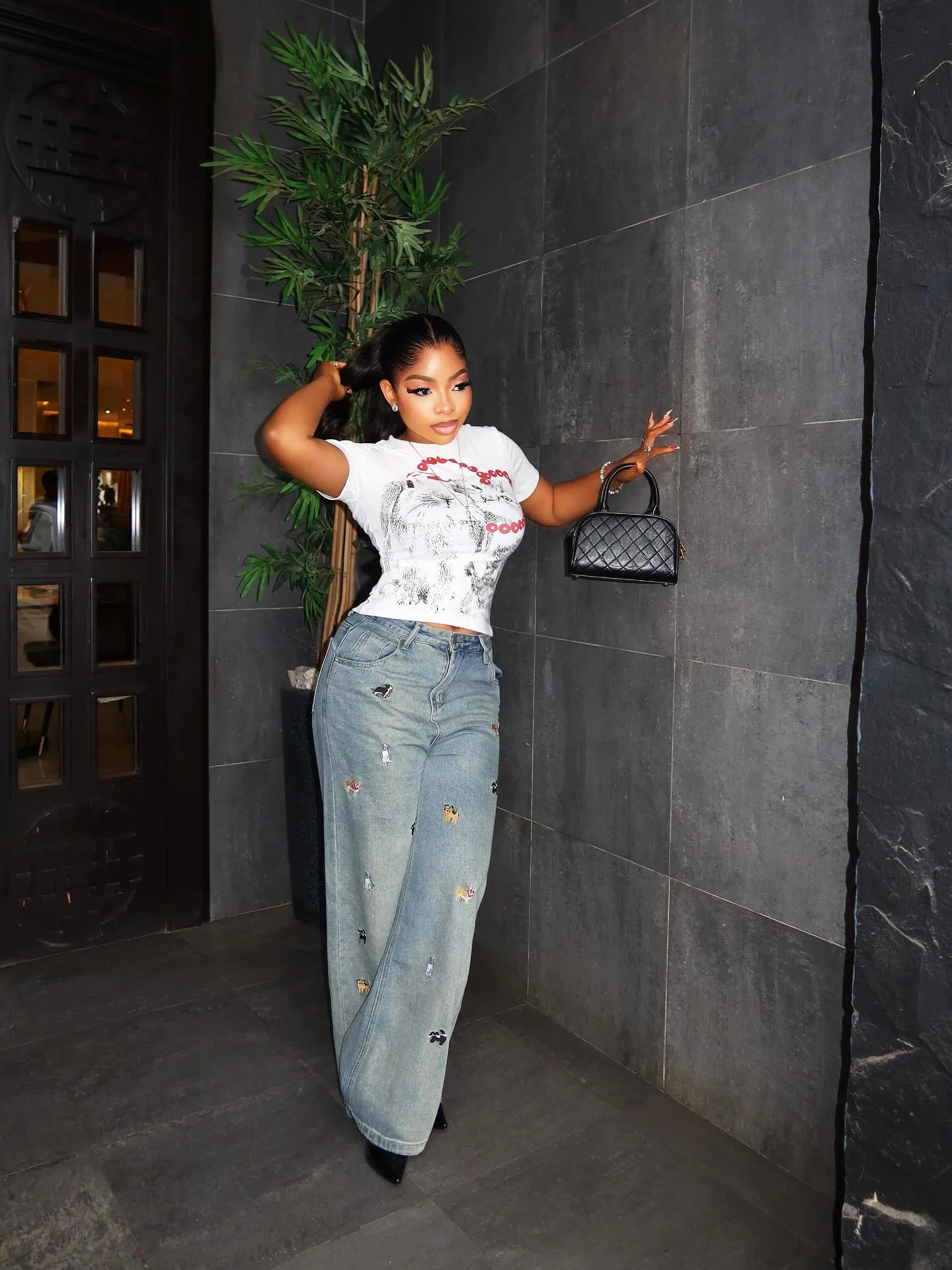 Women's Full Length Distressed Denim Cotton Jeans with Embroidery in Streetwear Style featuring Micro-Elastic