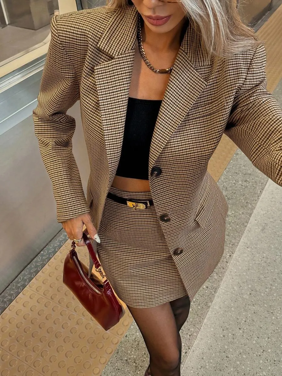 Houndstooth Casual Long Sleeve Polyester Skirt Co-ord Set Featuring Lapel Collar, 2 Pieces Set