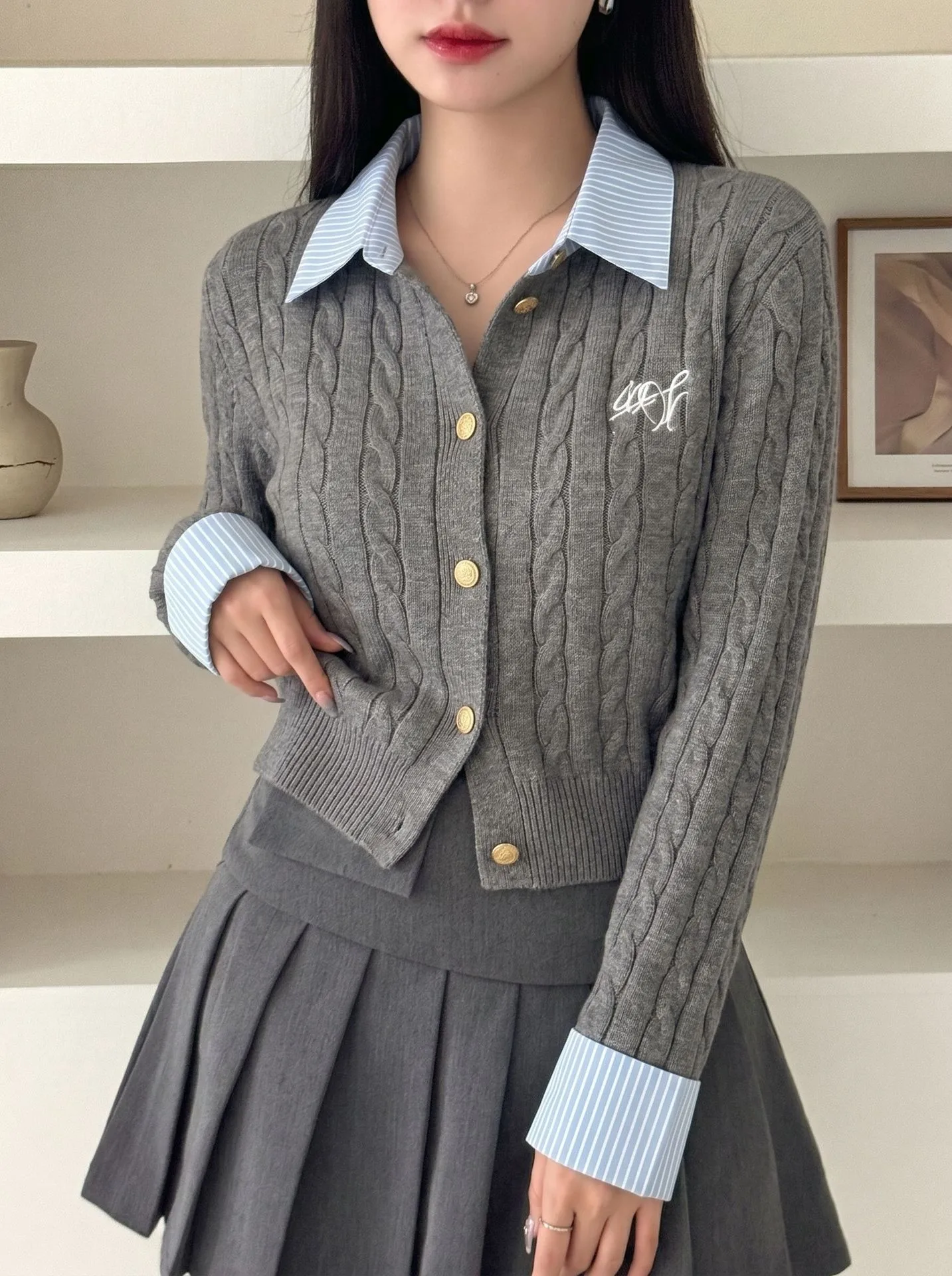 Long Sleeve Acrylic Knit Sweater for Women in Preppy Style Featuring Embroidery and Single Breasted Design