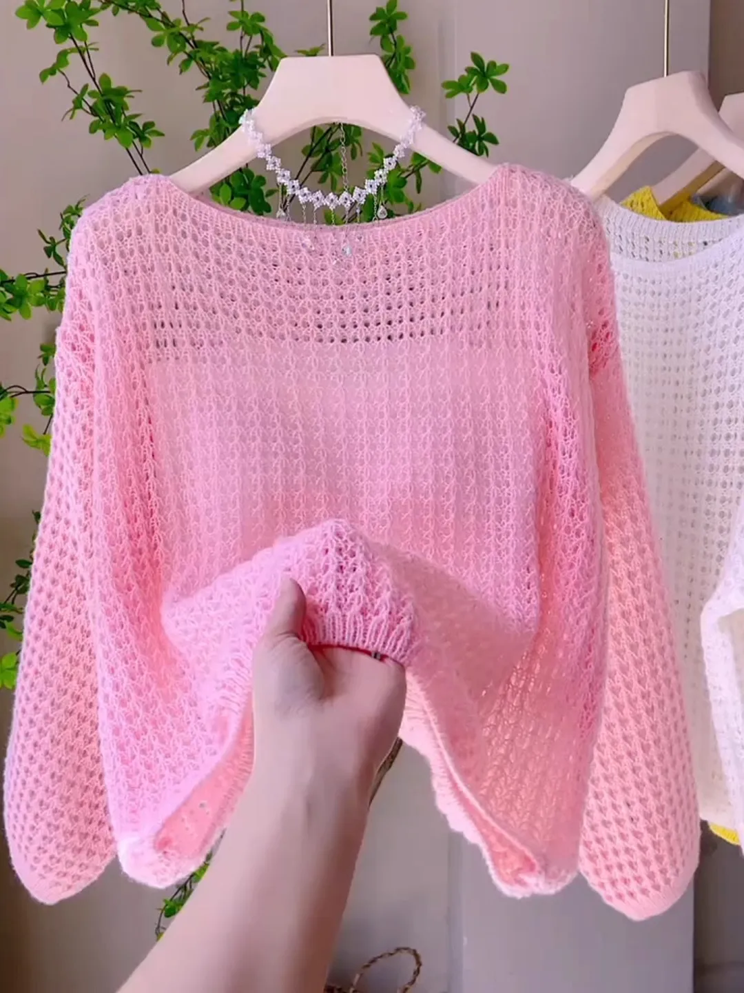 Solid Color Long Sleeve Knit Sweater with Hollow Out Design, Pullover Style Women's Knitwear