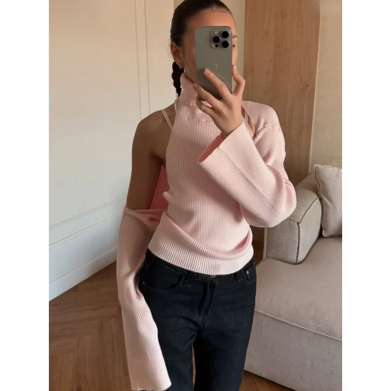 Long Sleeve Acrylic Sweater with Turtleneck, Knitted Craft, Regular Sleeve, 2 Pieces Set