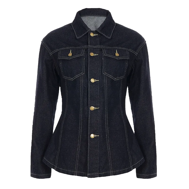 Casual Women's Denim Jacket with Belt in Denim Fabric Featuring Standing Collar and Long Sleeves