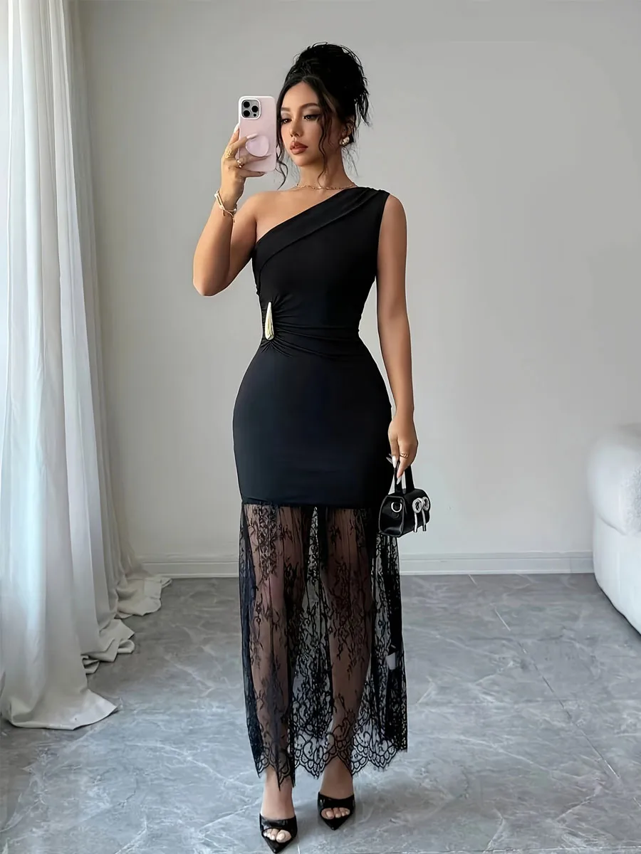Elegant Solid Color Party Dress with Oblique Collar, Backless Design in Polyester Midi Dress