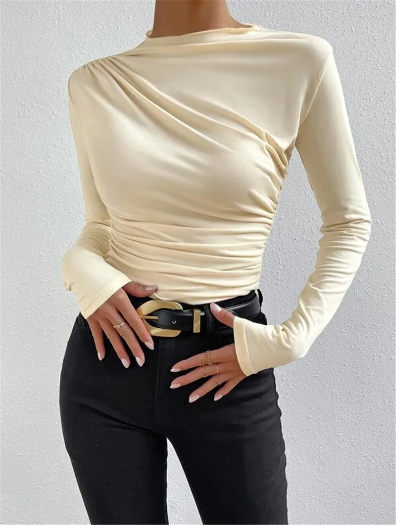 Elegant Solid Color Long Sleeve Turtleneck T-Shirt for Women