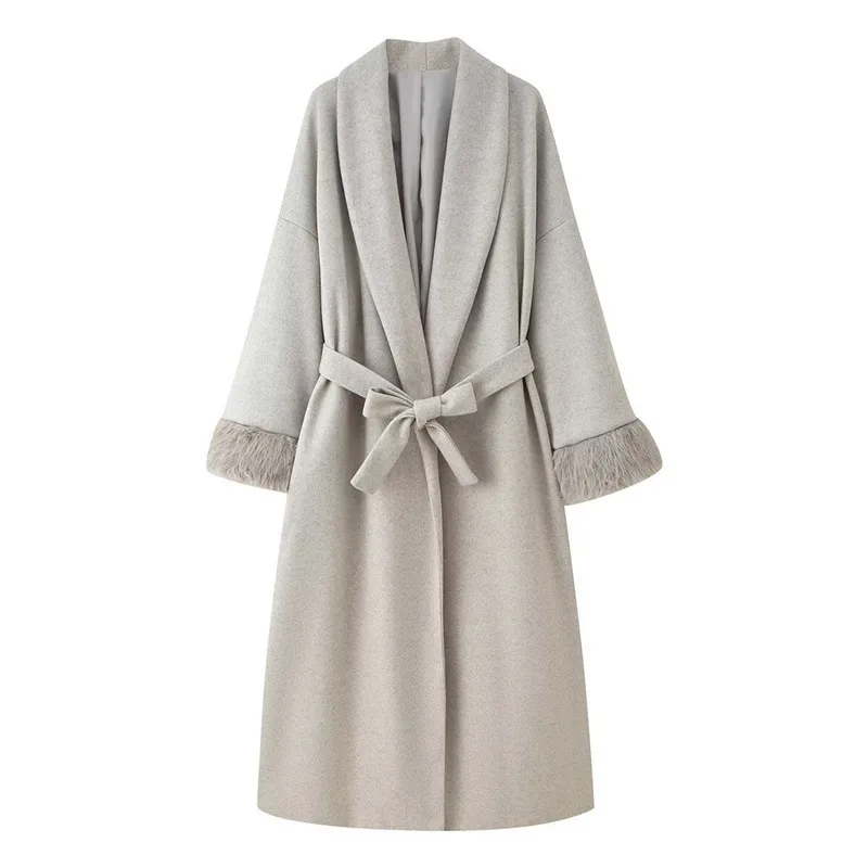 Elegant Woolen Coat for Women with Tie Placket, Polyester Fabric, Lapel Collar, Long Sleeve, and Pocket Detail