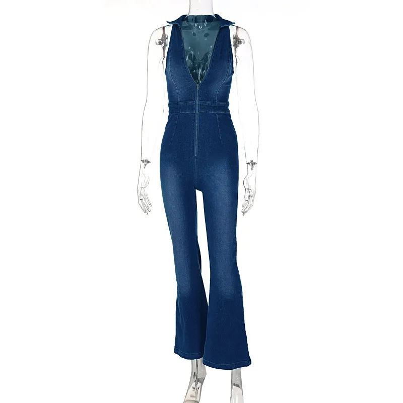streetwear solid color spandex polyester full length zipper washed casual pants jumpsuits