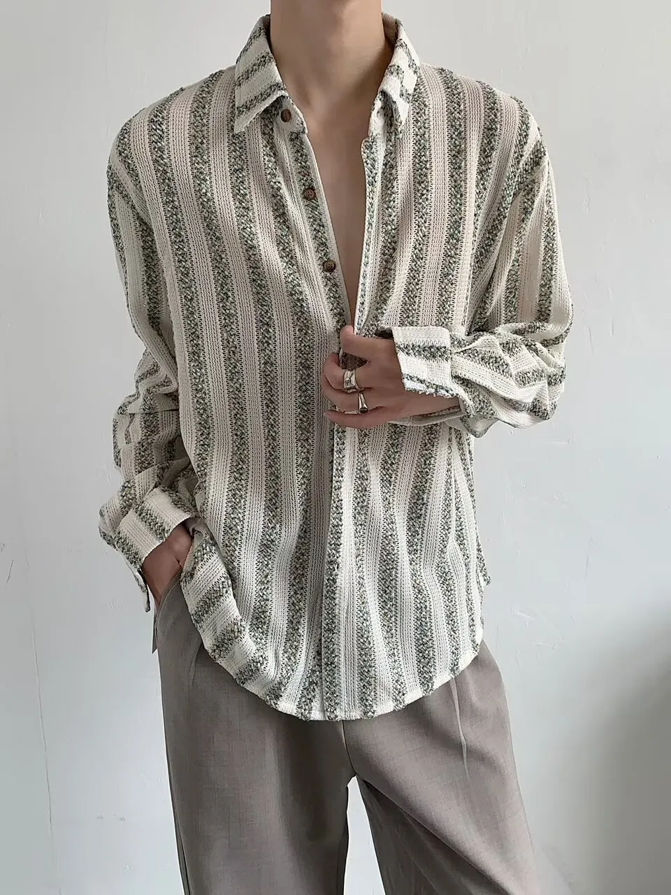 Ethnic Style Stripe Long Sleeve Men's Shirt in Polyester with Hollow Out Craft and Lapel Collar