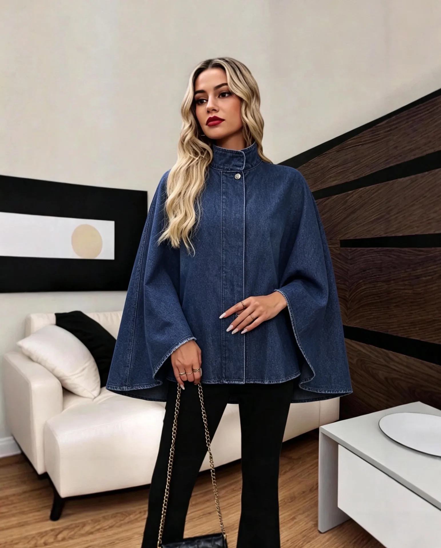Solid Color Denim Coat for Women with Vintage Style Featuring Batwing Sleeves and Standing Collar