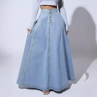 Vintage Style Solid Color Denim Cotton A-Line Skirt with Front Button in Regular Fit for Spring