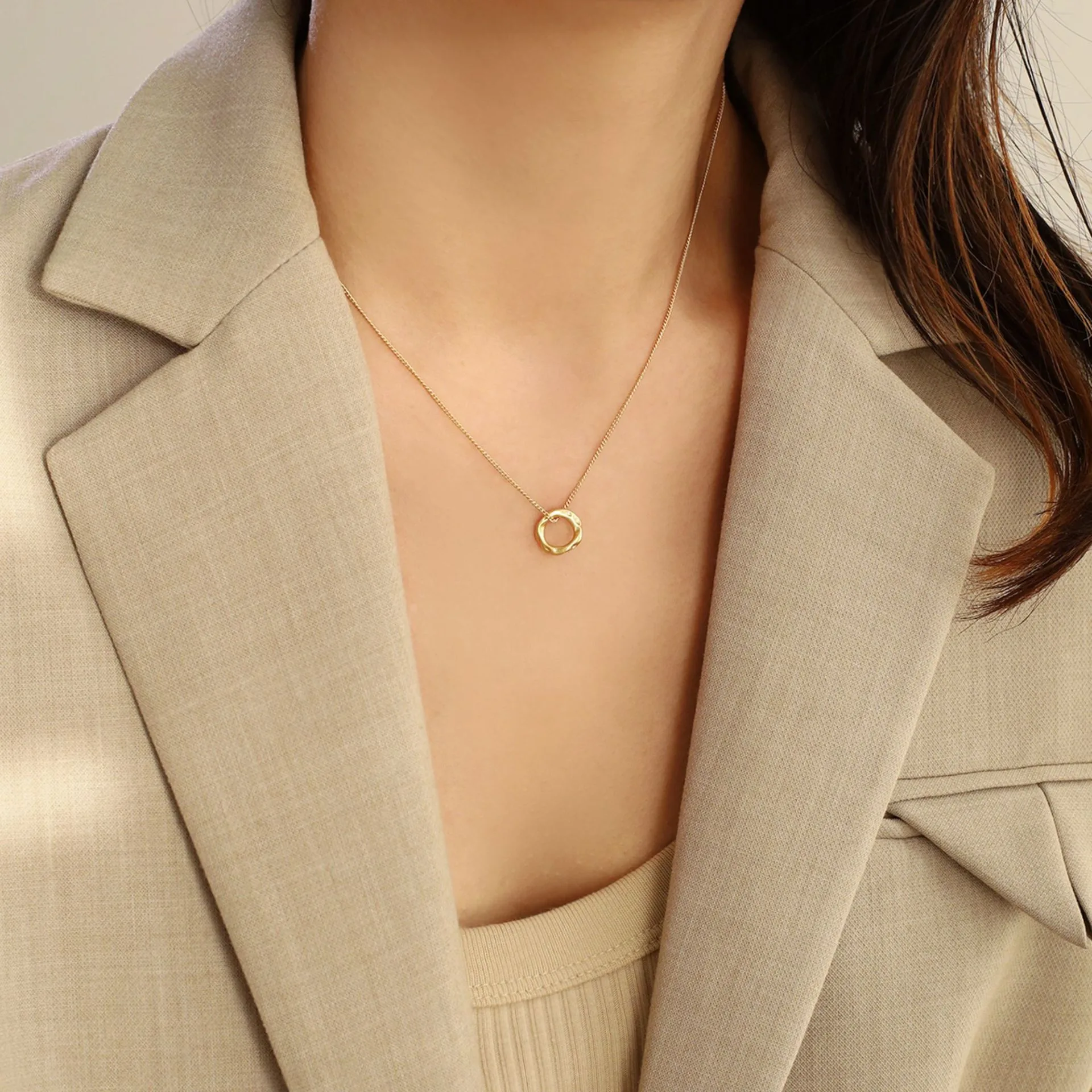 Gold Geometric Circle Necklace for Women Simple Style Copper Pendant Sweater Chain