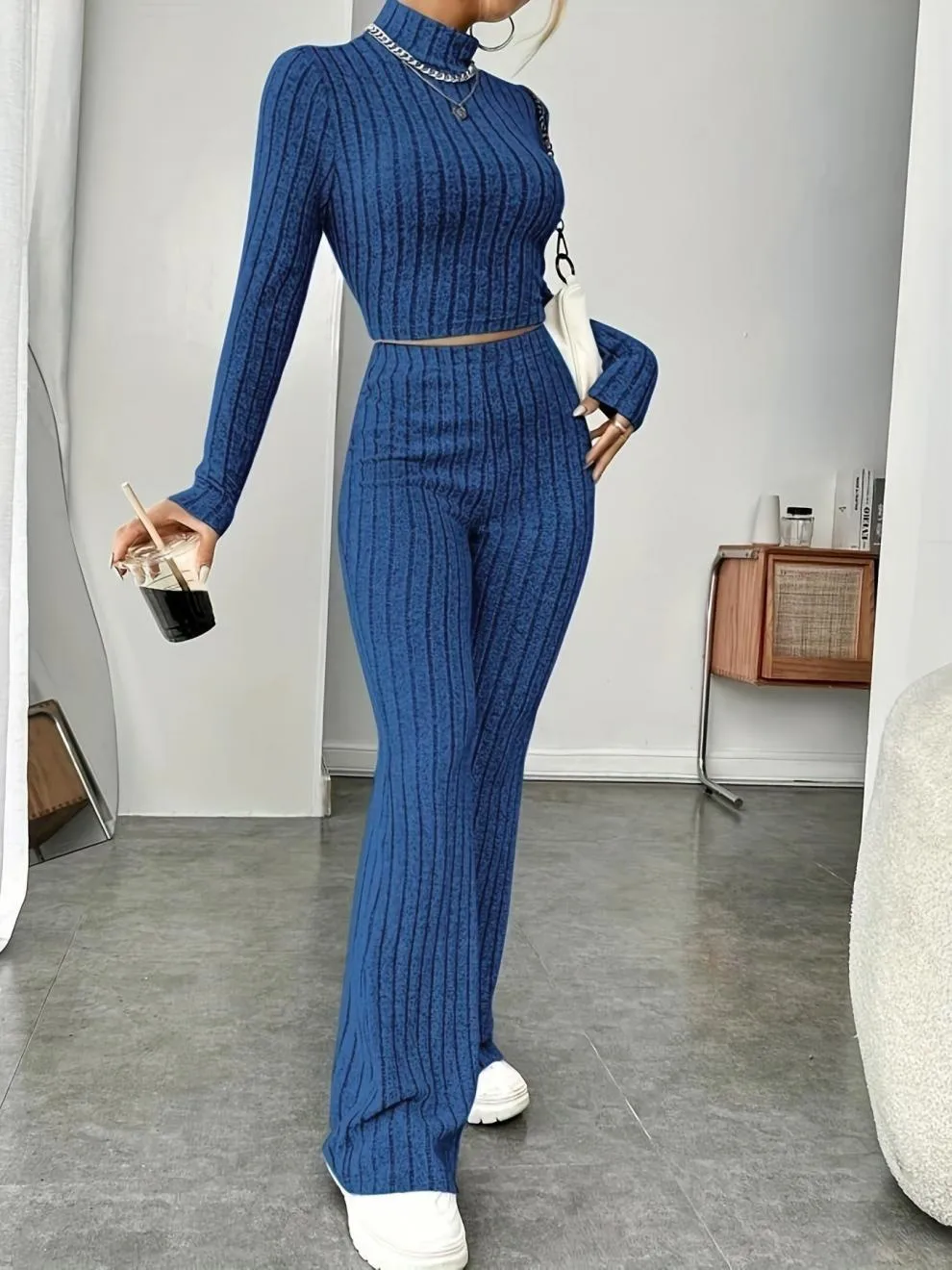 Women’s Stripe Pant Co-ord Set in Polyester with Turtleneck, Streetwear Style for Daily Wear, 2 Pieces Set