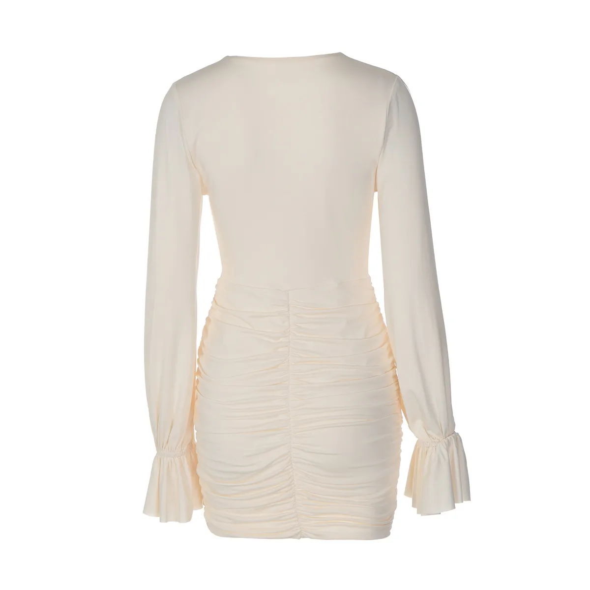 Solid Color V Neck Long Sleeve Bodycon Dress with Elastane Fabric in Above Knee Length for Elegant Mature Style