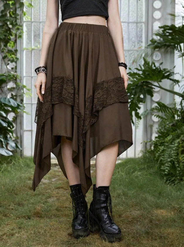 Lace Floral Gothic Midi Dress with Irregular Skirt