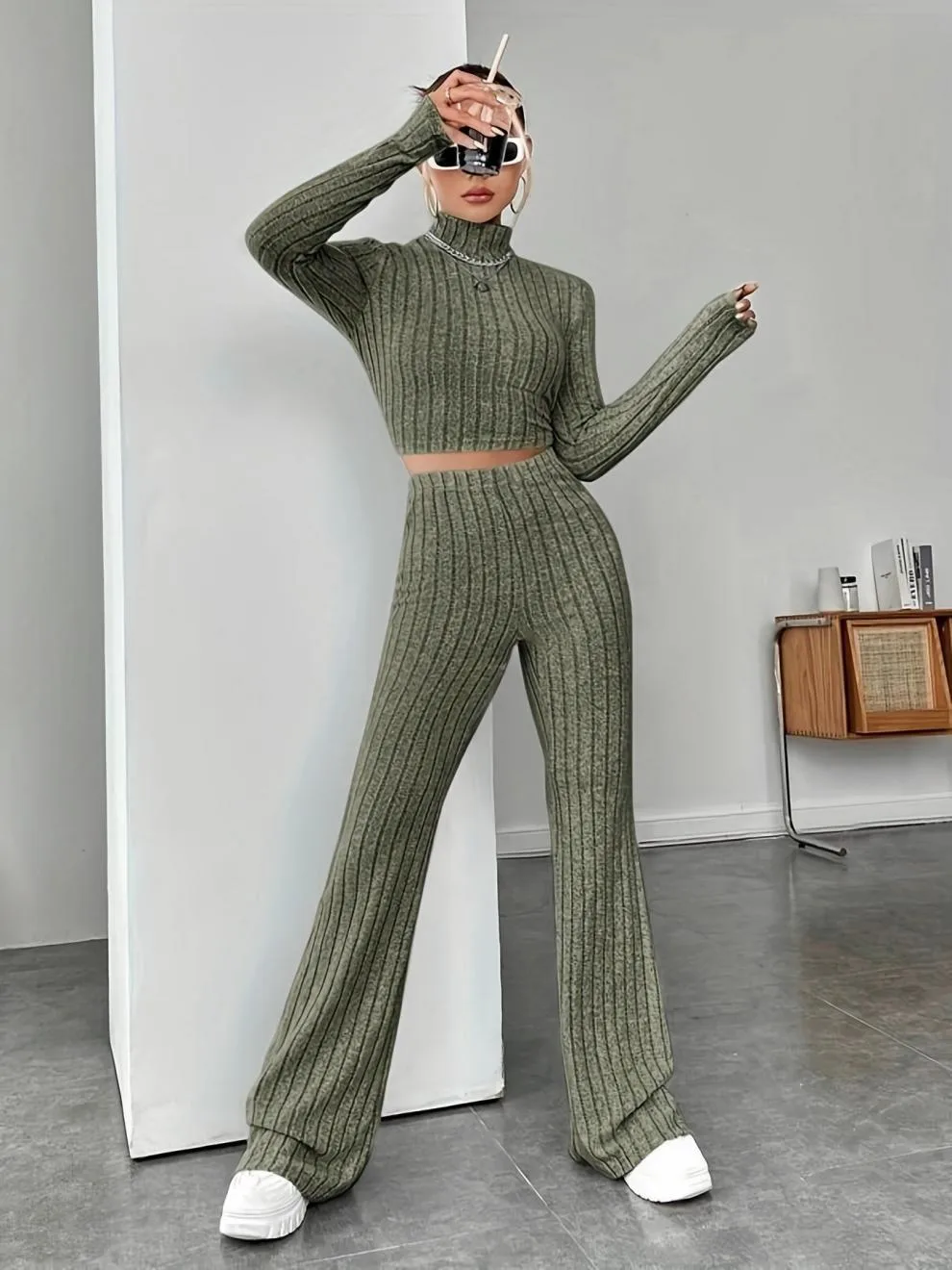 Women’s Stripe Pant Co-ord Set in Polyester with Turtleneck, Streetwear Style for Daily Wear, 2 Pieces Set