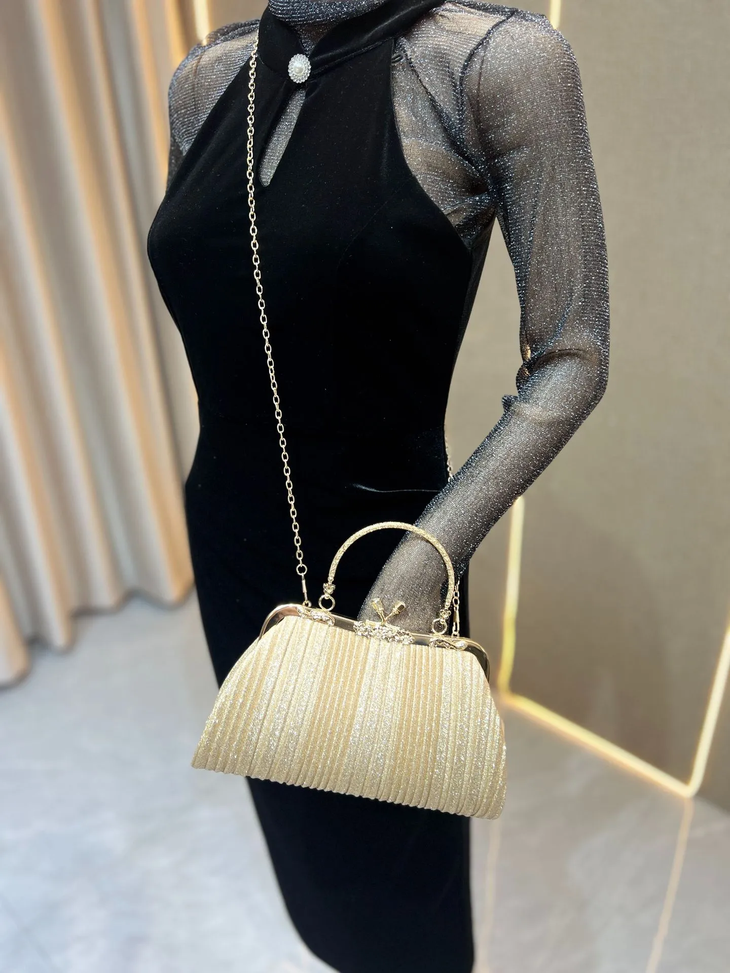 Square Ruched Polyester Evening Bag with Chain for Women