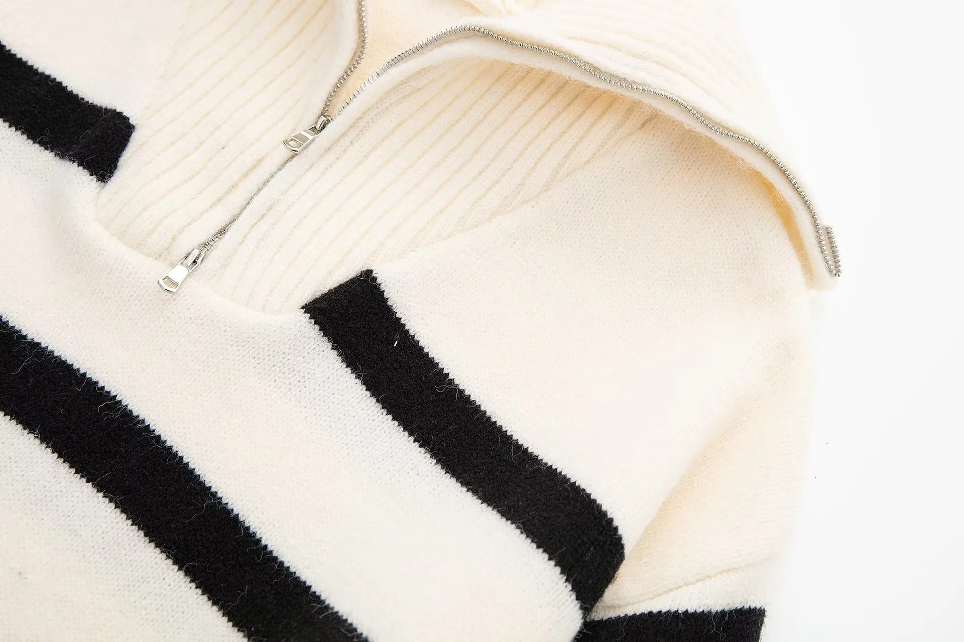 Striped Plaid Long Sleeve Acrylic Pullover Sweater with Zipper
