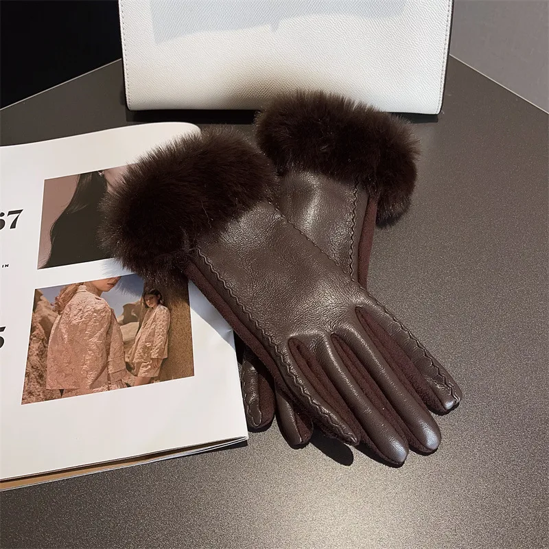Luxury Suede Winter Gloves with Fox Fur and Fleece Lining for Unisex Cold Weather Cycling