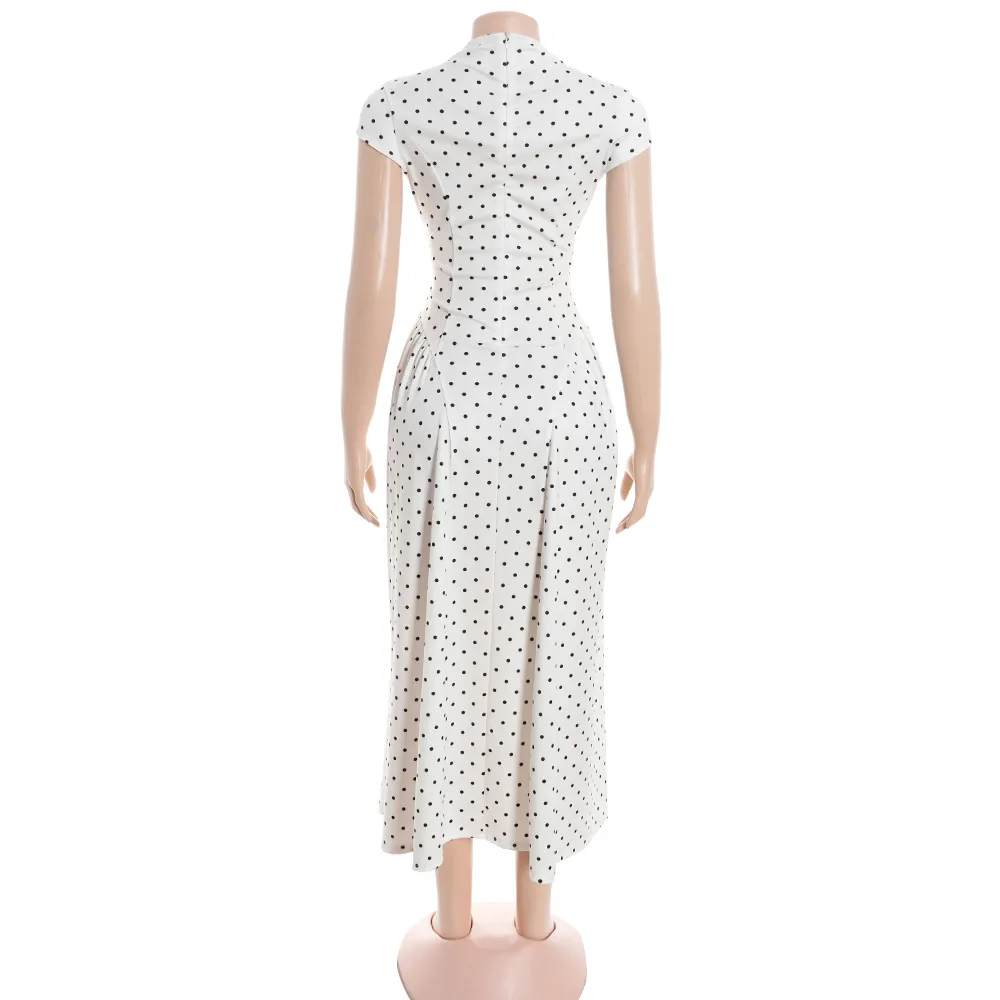 Classic Style Polka Dot Dress in Elastane Fabric Featuring Draped Design Maxi Long Dress